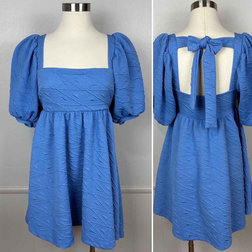 Free People Violet Puff Sleeve Mini Dress Blue Babydoll Textured Matelasse Knit